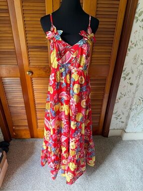 Fate Red Tropical Floral Maxi Dress with Multicolor Print sz Medium